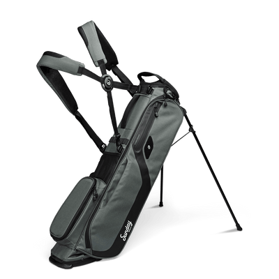 Sunday Golf El Camino golf bag in midnight green showing stand legs and double cross carrying strap