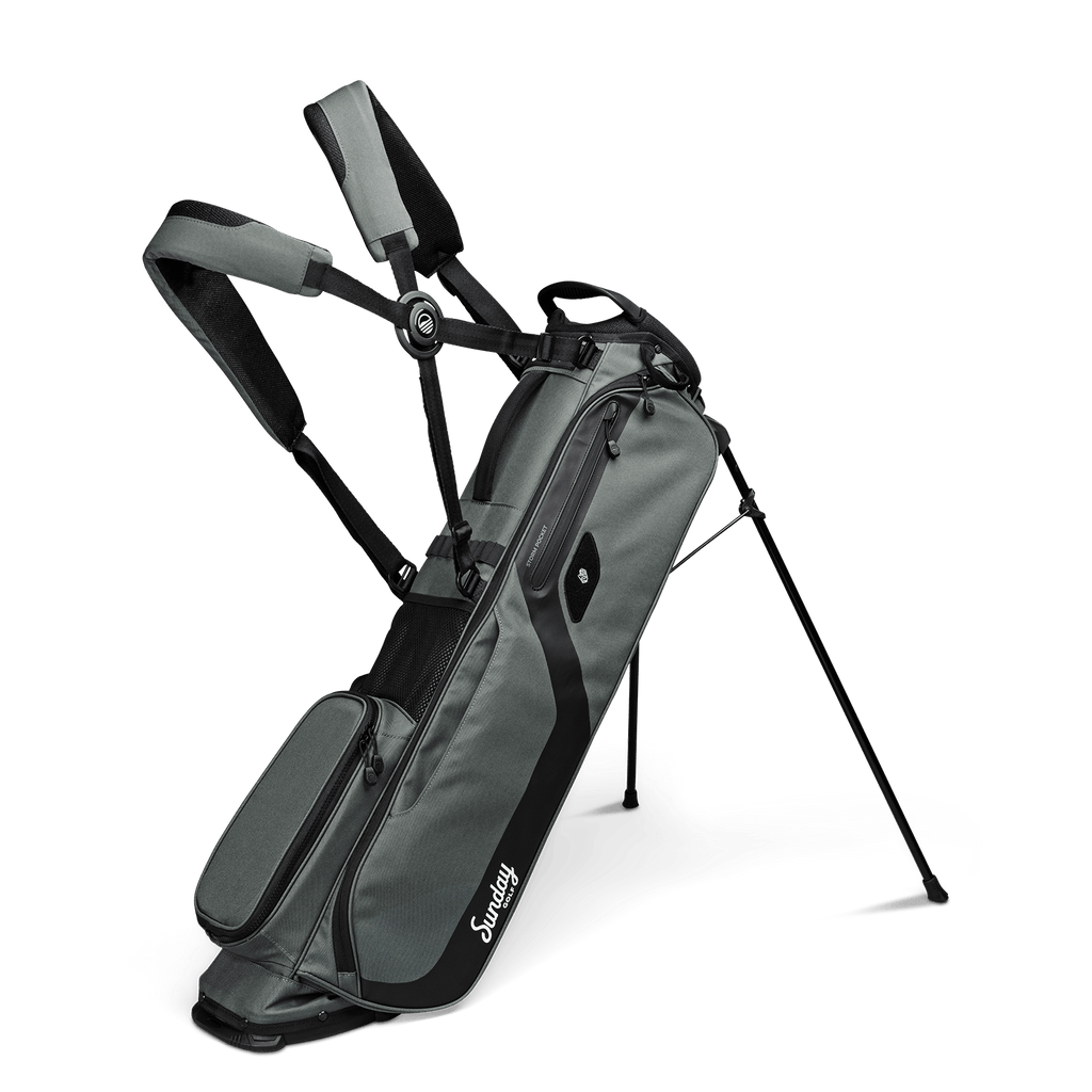 A full front shot of standing El Camino golf bag in midnight green with double strap