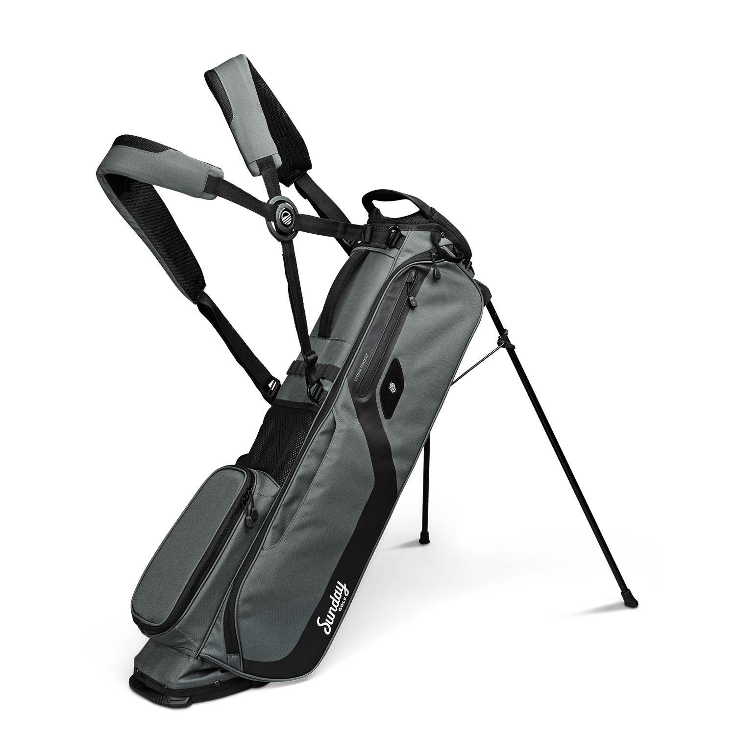 A full front shot of standing El Camino golf bag in midnight green with double strap