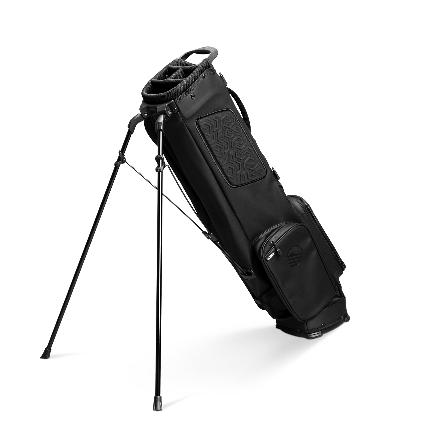 A full shot of El Camino S-Class golf bag in black vegan leather material facing backward with a stand