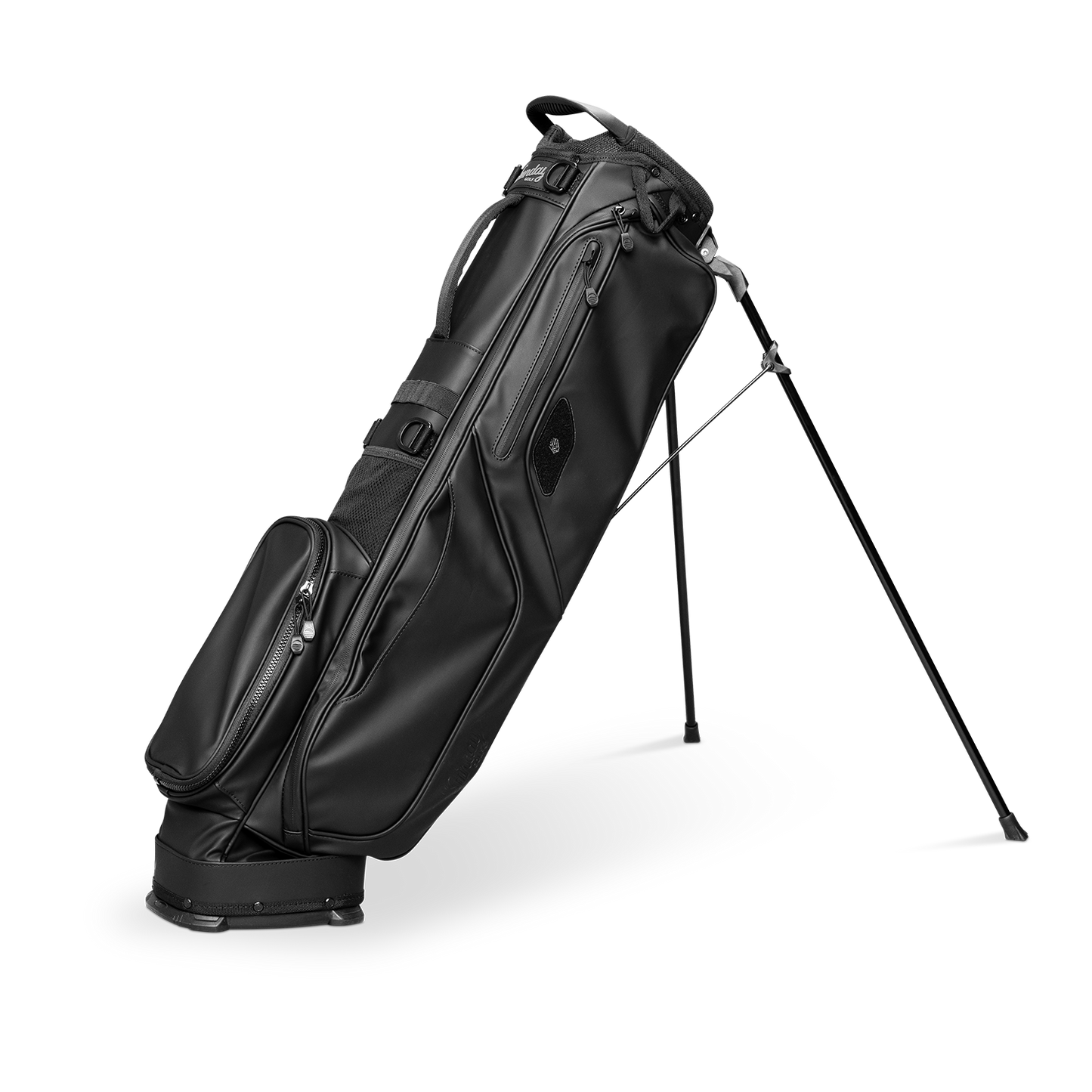 A full shot of standing El Camino S-Class golf bag in black vegan leather material