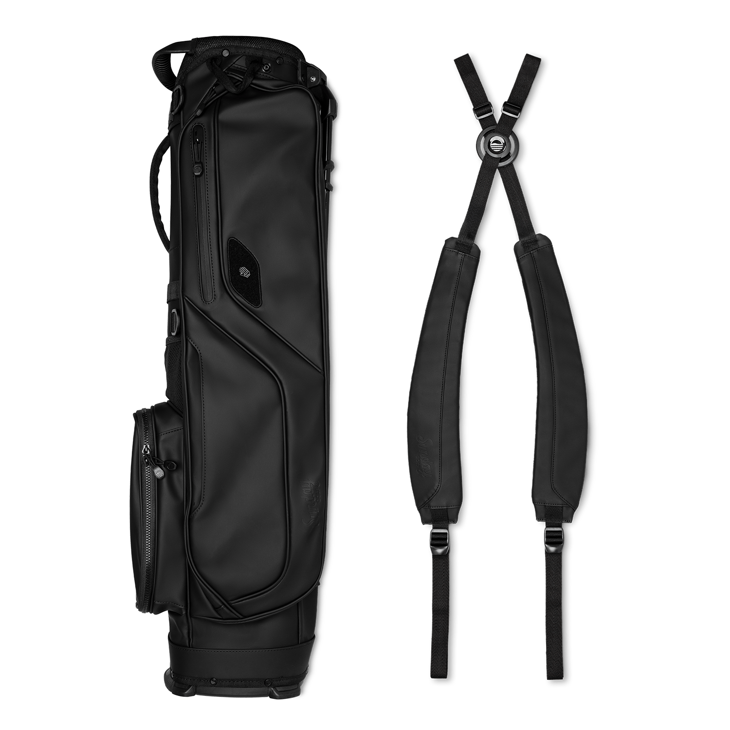 El Camino S-Class golf bag in black vegan leather material laying flat sideways beside a double strap