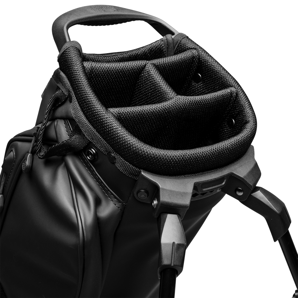 A close up top view shot of El Camino S-Class golf bag's 4-way divider in black vegan leather material