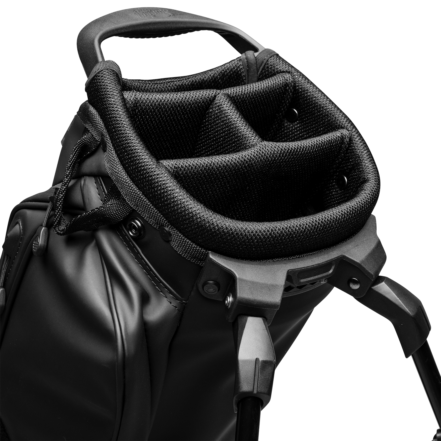 A close up top view shot of El Camino S-Class golf bag's 4-way divider in black vegan leather material