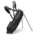 A full shot of standing El Camino S-Class golf bag in black vegan leather material with double strap