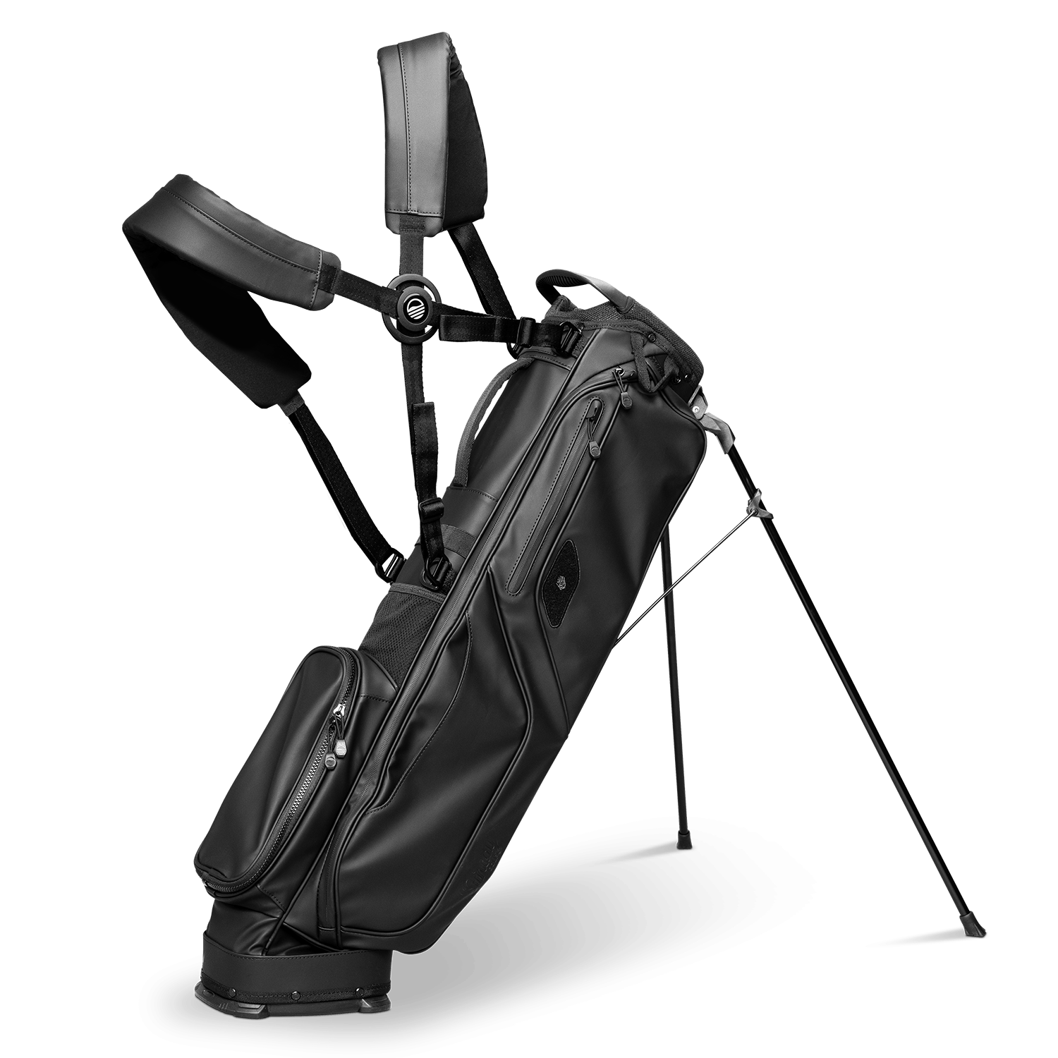 A full shot of standing El Camino S-Class golf bag in black vegan leather material with double strap