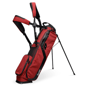 A full front shot of standing El Camino golf bag in deep red burgundy with double strap