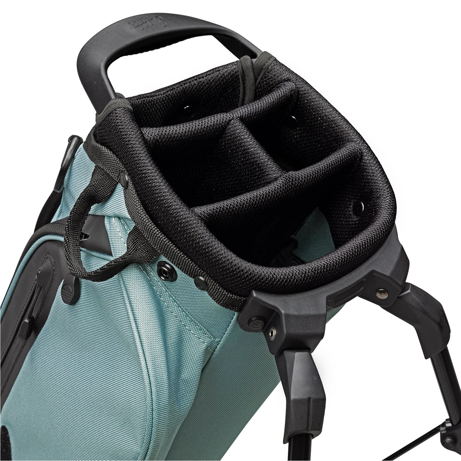 A close up top view of a seafoam El Camino golf bag's 4 way divider