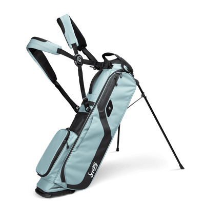 Seafoam El Camino golf Bag by Sunday Golf showing double cross carrying strap and stand legs