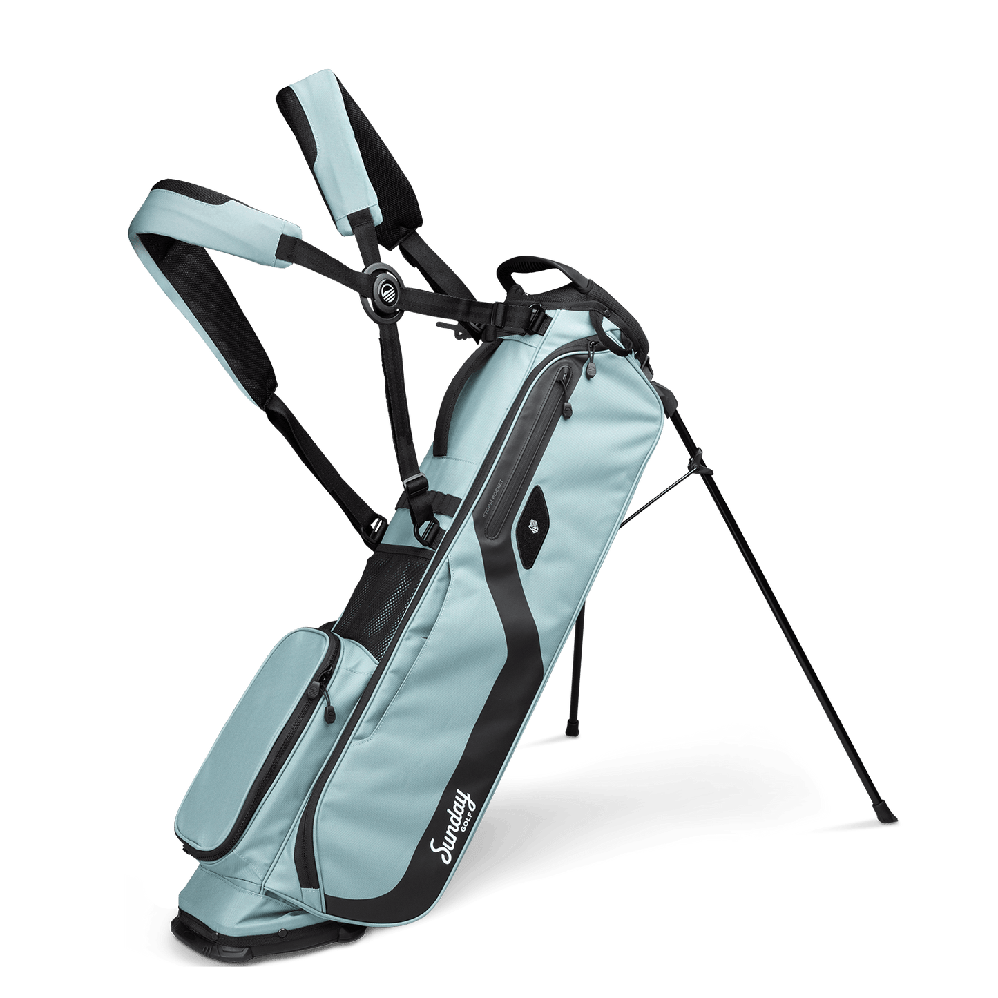 A full front shot of standing El Camino golf bag in seafoam with double strap