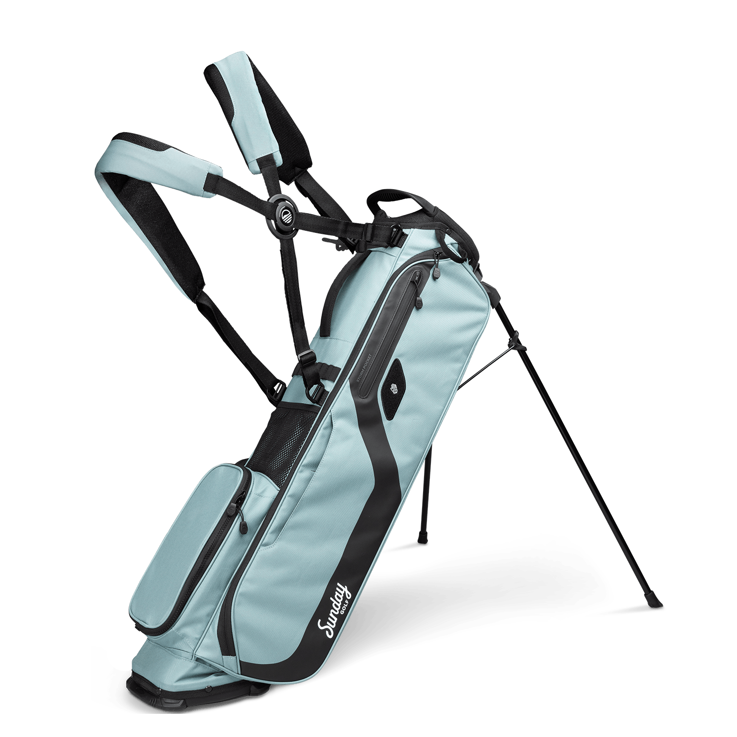 A full front shot of standing El Camino golf bag in seafoam with double strap