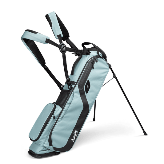 A full front shot of standing El Camino golf bag in seafoam with double strap