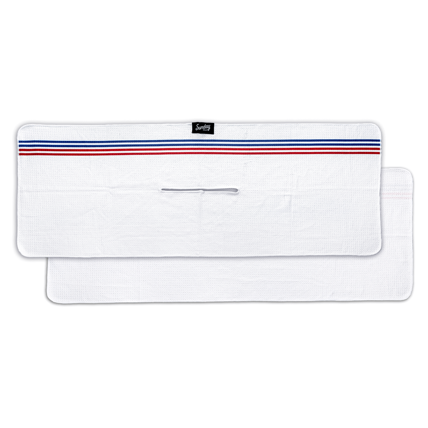 white El Classico golf towel by Sunday Golf with red and blue pinstripe across top horizontal 