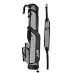 A full shot of Loma golf bag in heather gray laying flat sideways beside its single strap