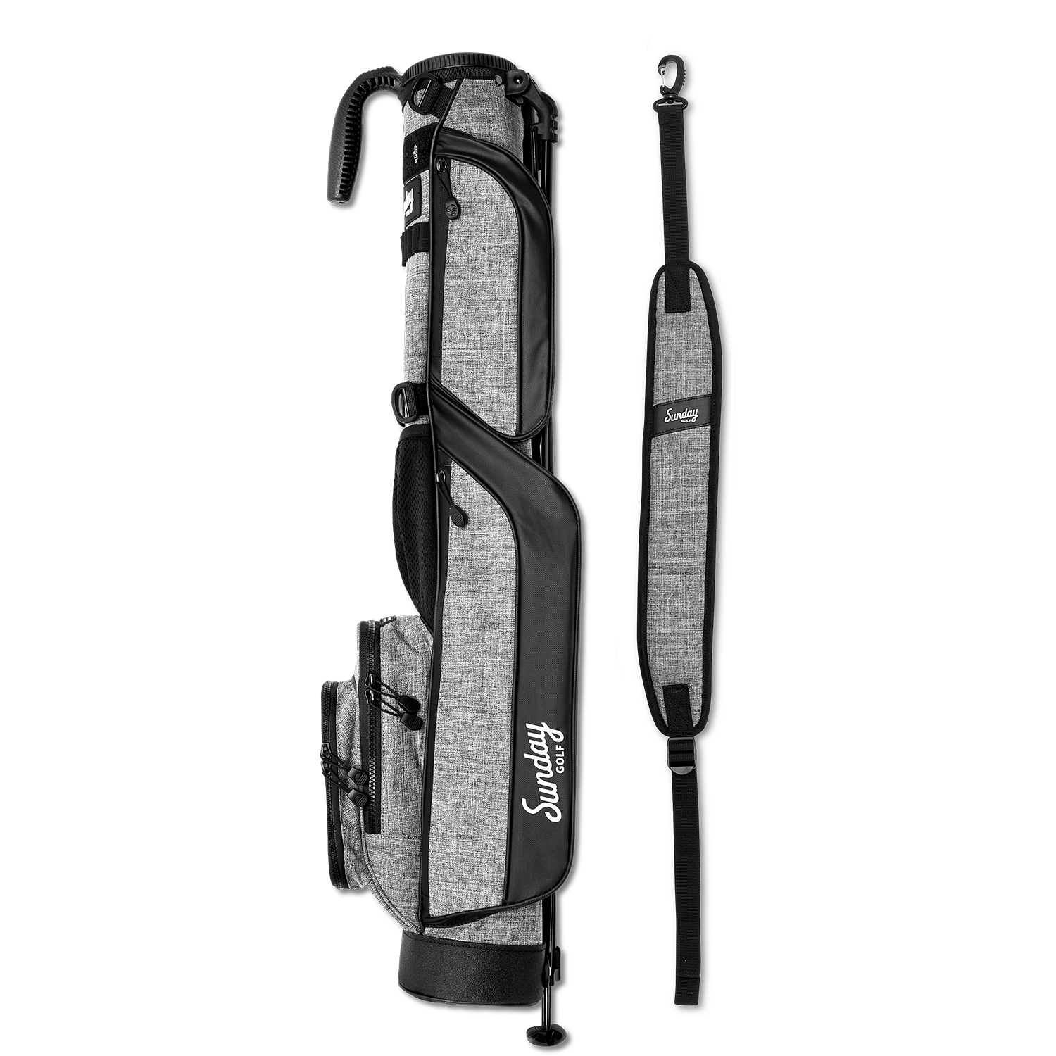 A full shot of Loma golf bag in heather gray laying flat sideways beside its single strap
