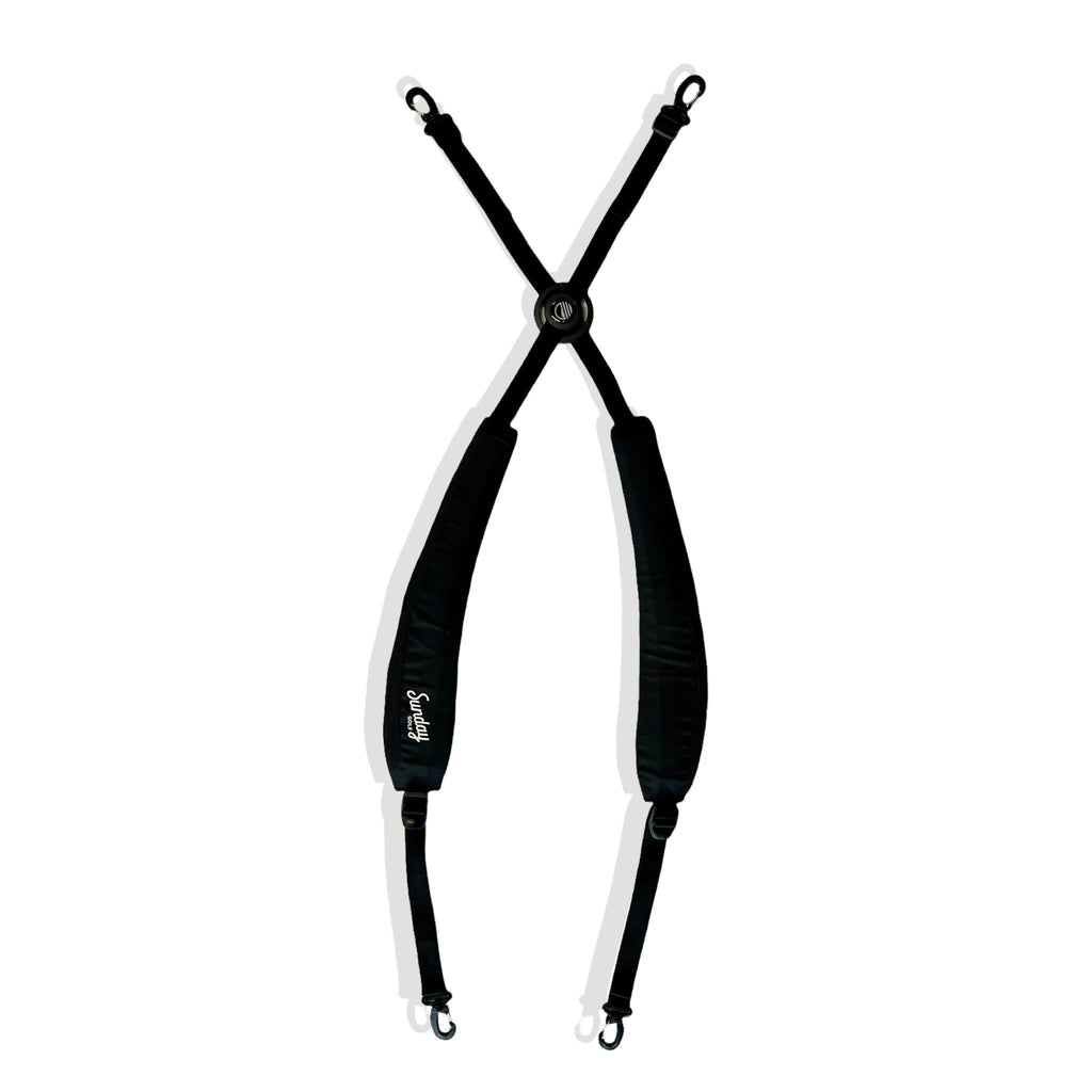 double strap for golf bag, cross strap with button and padded shoulder straps 