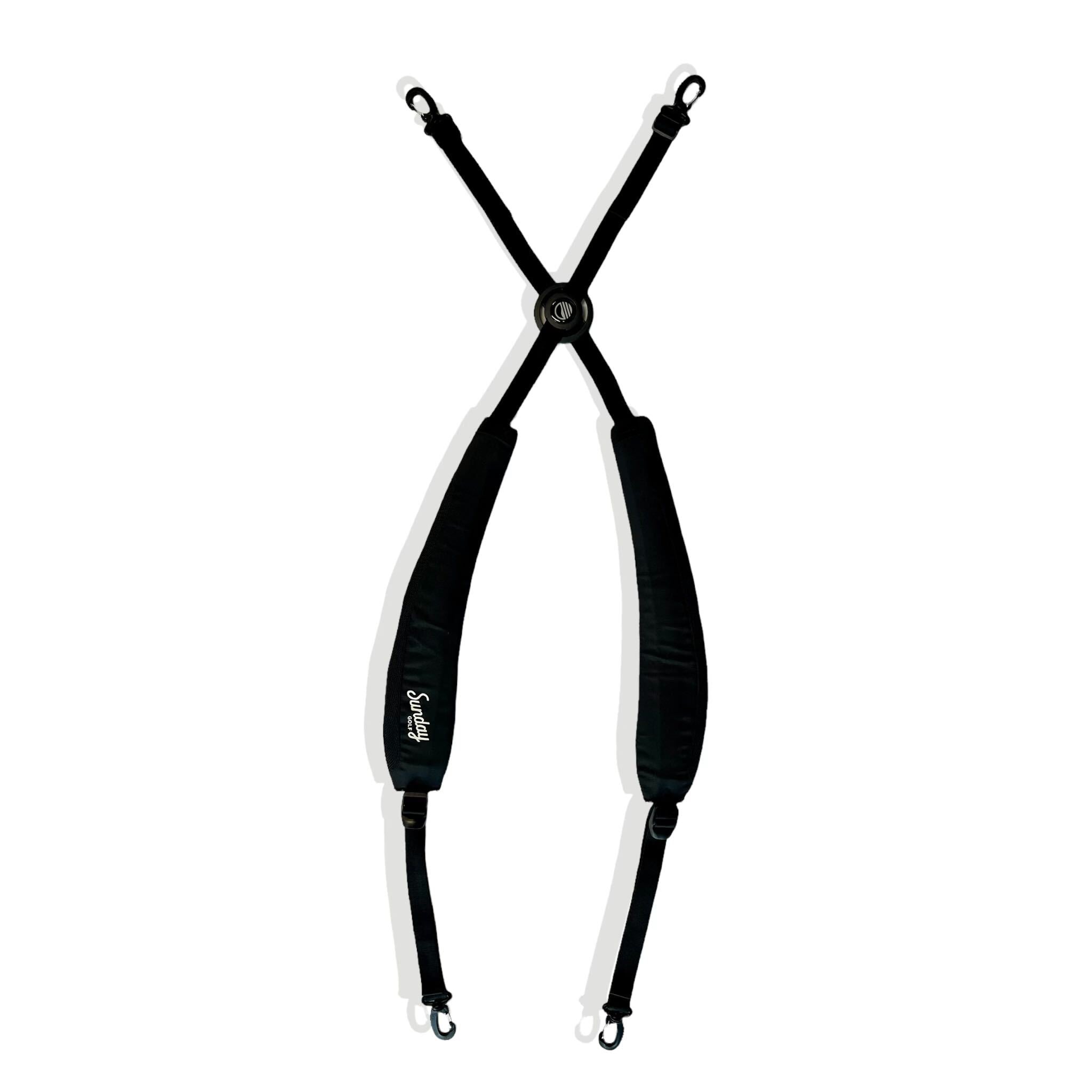 double strap for golf bag, cross strap with button and padded shoulder straps 