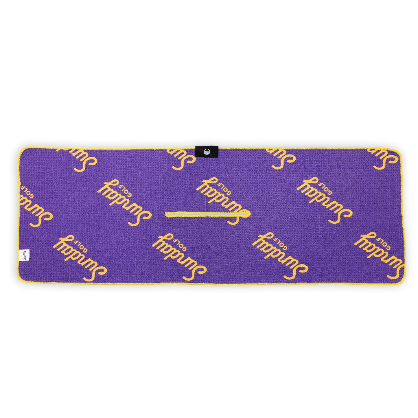 Rear view of LA Lakers golf towel with purple and yellow colors