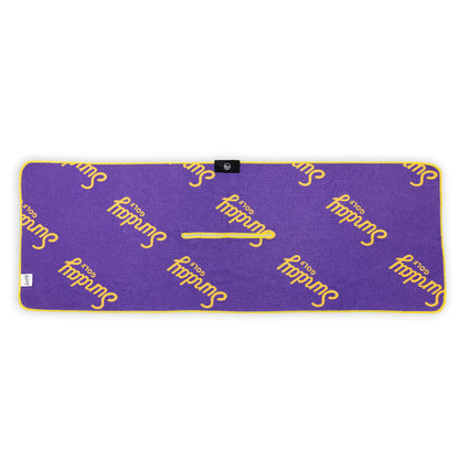Rear view of LA Lakers golf towel with purple and yellow colors