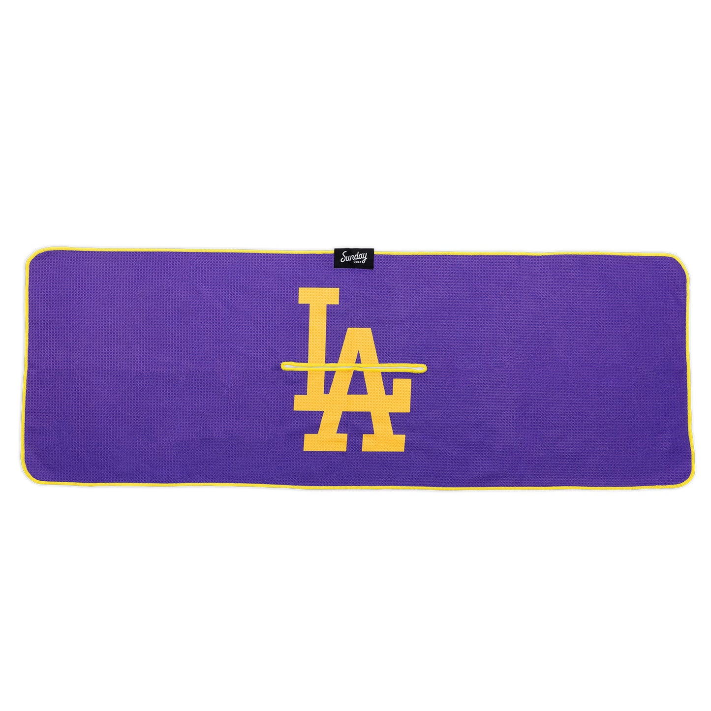 Front view of LA Lakers golf towel with purple and yellow colors