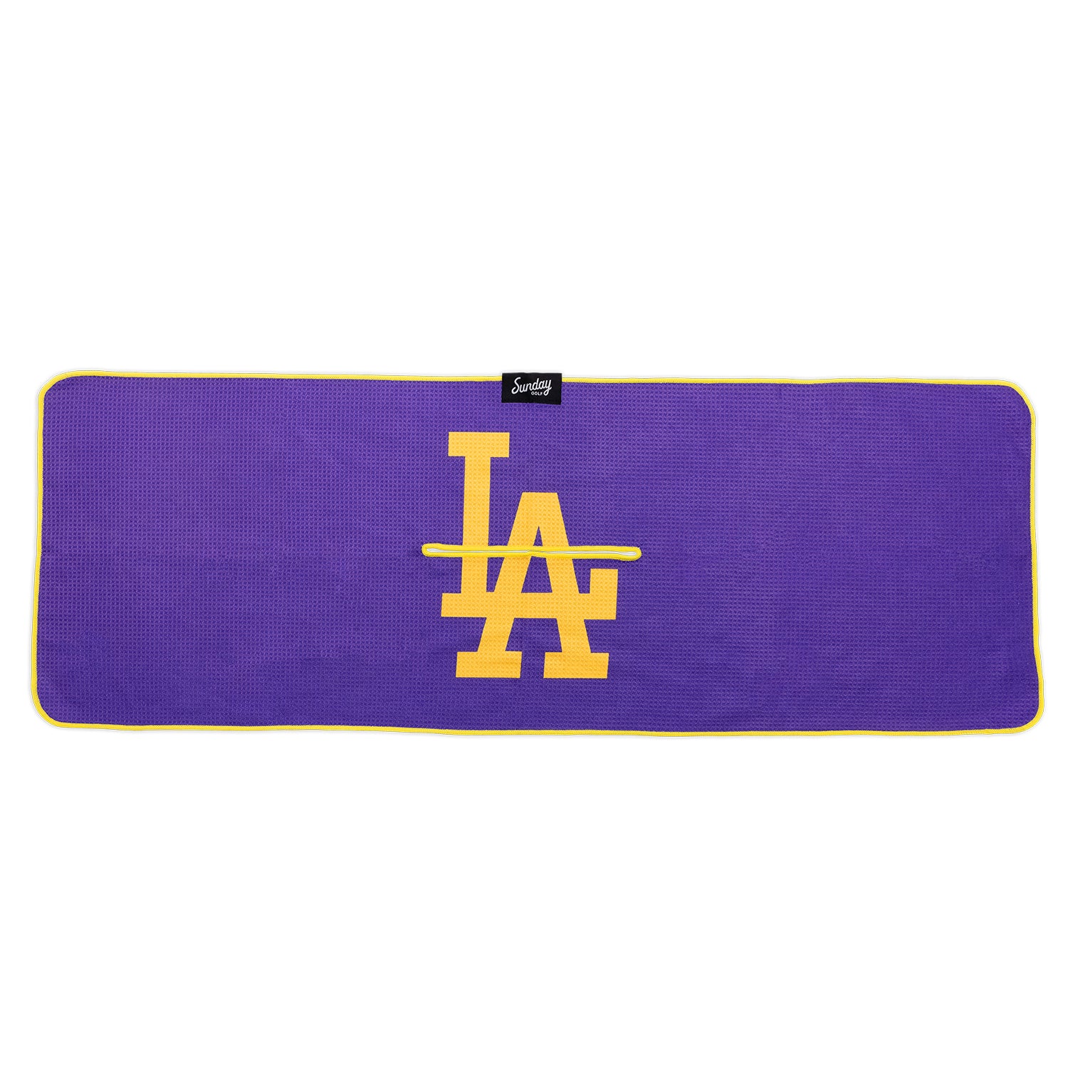 Front view of LA Lakers golf towel with purple and yellow colors