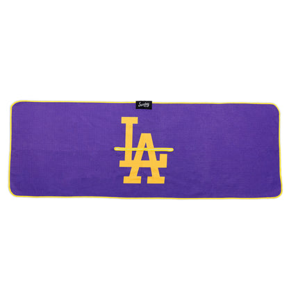 Front view of LA Lakers golf towel with purple and yellow colors