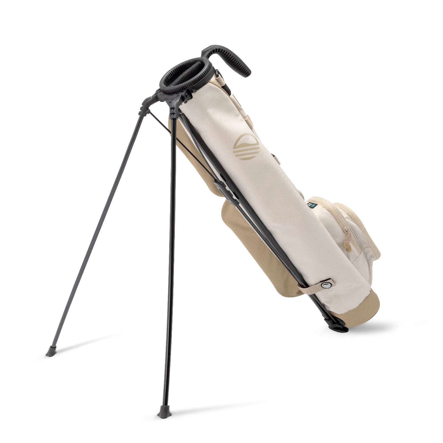A full shot of standing Loma golf bag in toasted almond leather facing backward
