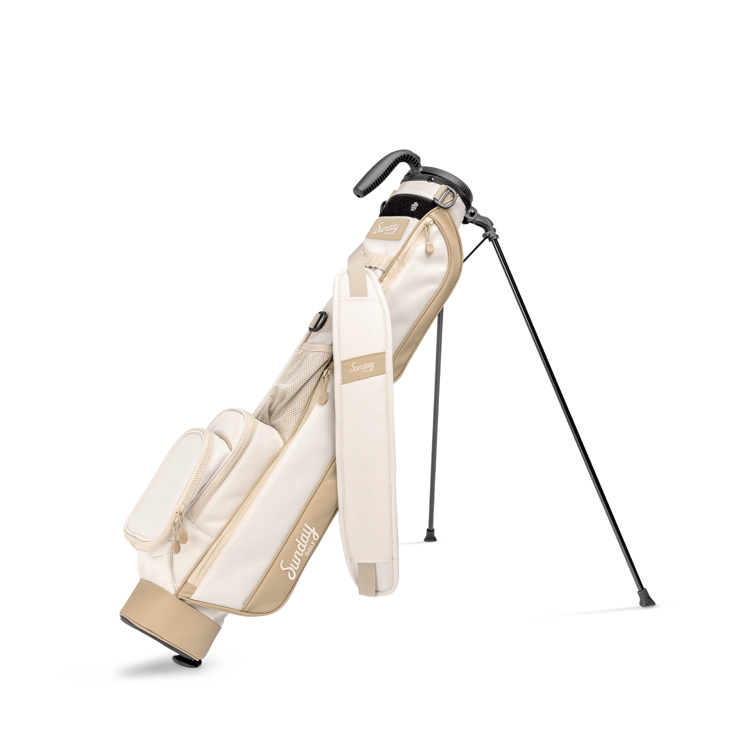 A full front shot of standing Loma golf bag in toasted almond with single strap