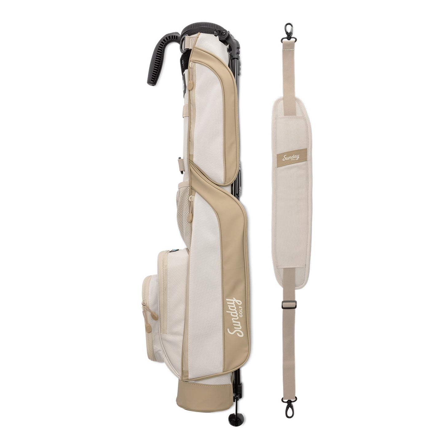 A full shot of Loma golf bag in toasted almond laying flat sideways beside its single strap
