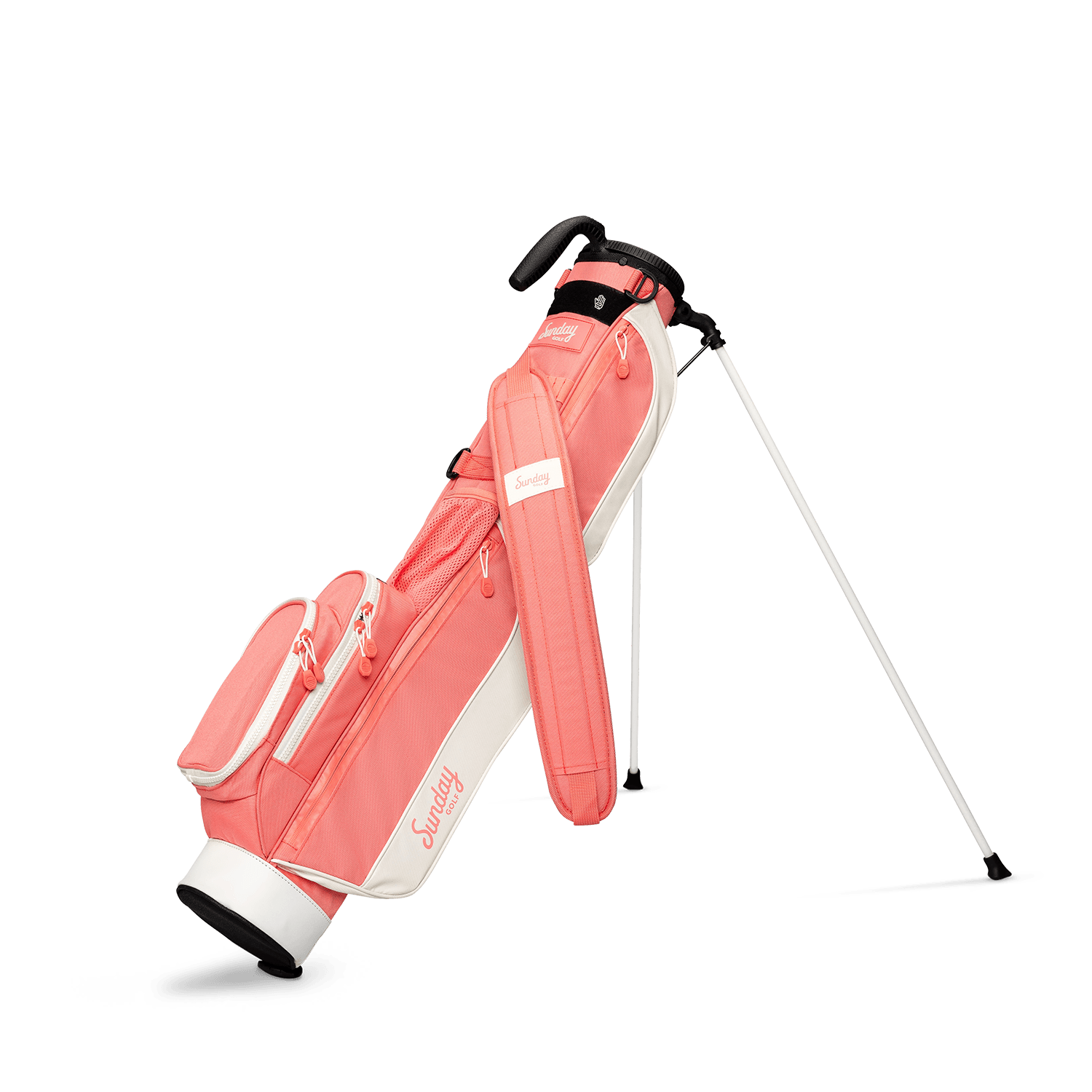 A full front shot of standing Loma golf bag in coral with single strap