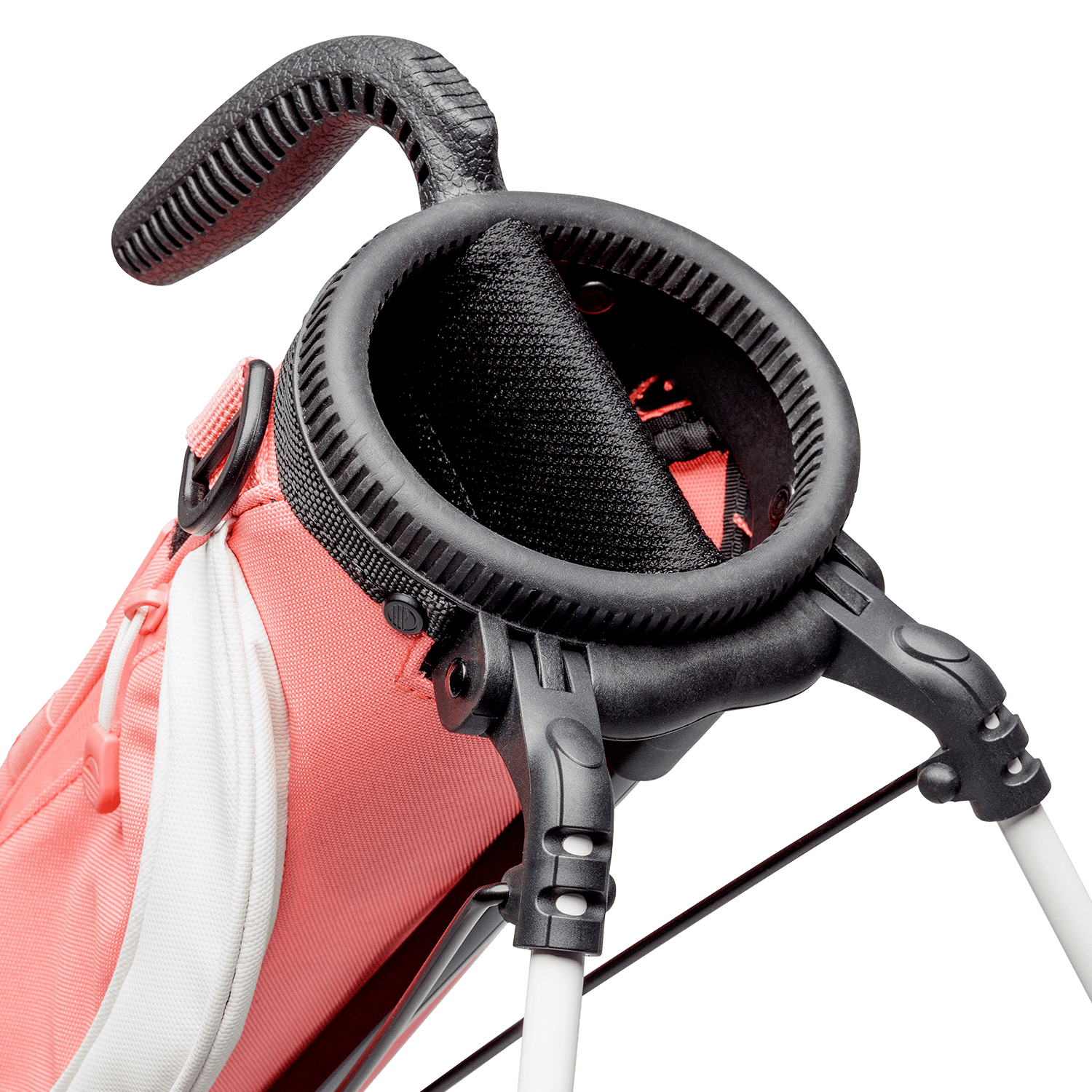 A close up top view of a coral Loma golf bag’s 2-way divider