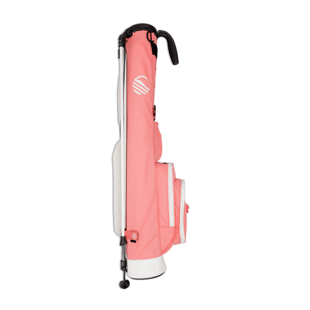 Side view of the hip panel on Loma golf bag in coral