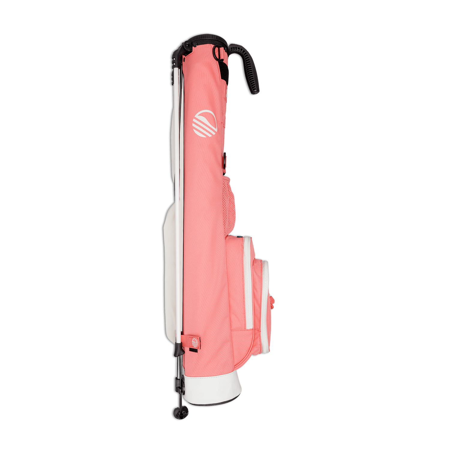 Side view of the hip panel on Loma golf bag in coral