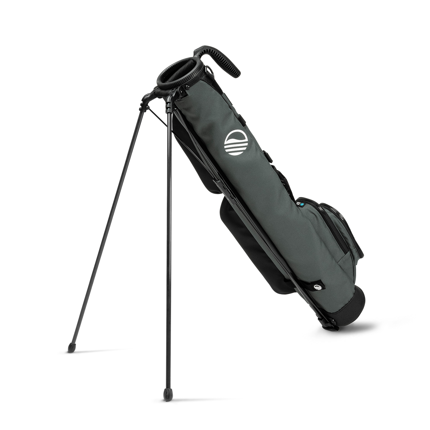 A full shot of standing Loma golf bag in midnight green facing backward