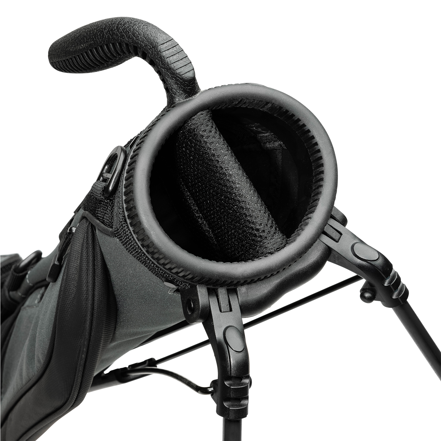 A close up top view of a midnight green Loma golf bag’s 2-way divider