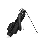 A full front shot of standing Loma S-Class golf bag in black vegan leather with double strap