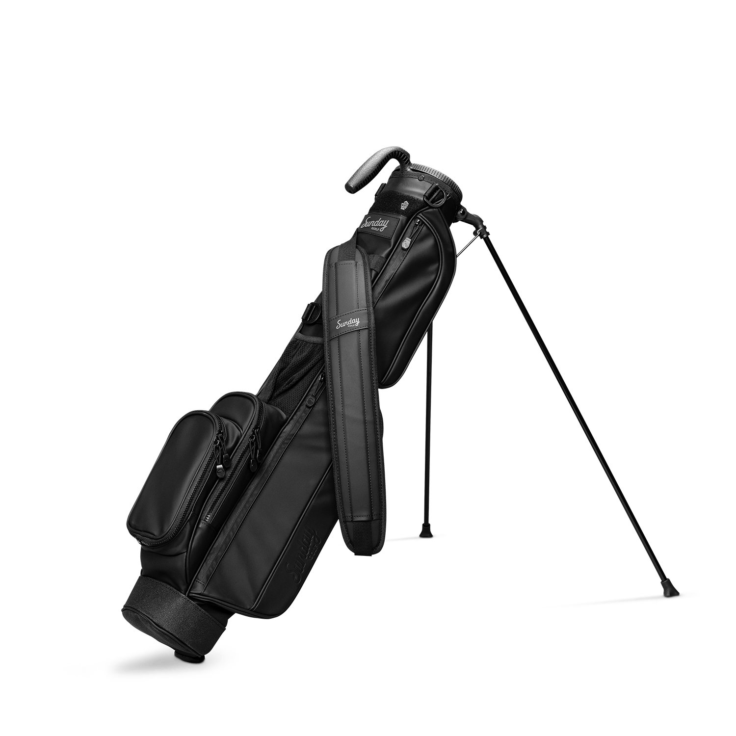 A full front shot of standing Loma S-Class golf bag in black vegan leather with double strap
