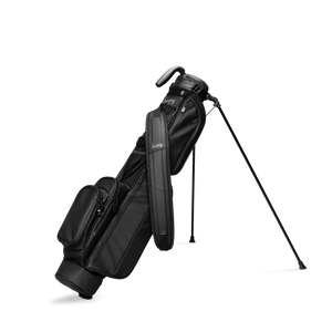 A full front shot of standing Loma S-Class golf bag in black vegan leather with double strap