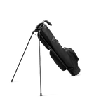 A full shot of standing Loma S-Class golf bag in black vegan leather facing backward