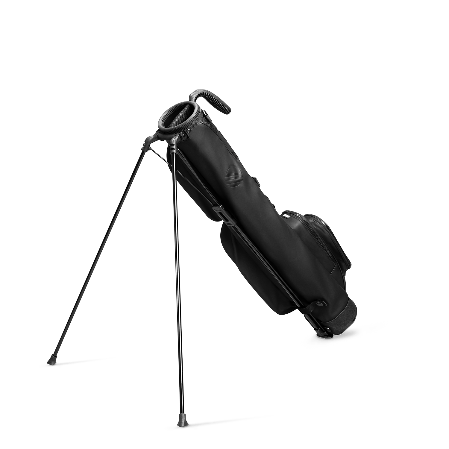 A full shot of standing Loma S-Class golf bag in black vegan leather facing backward