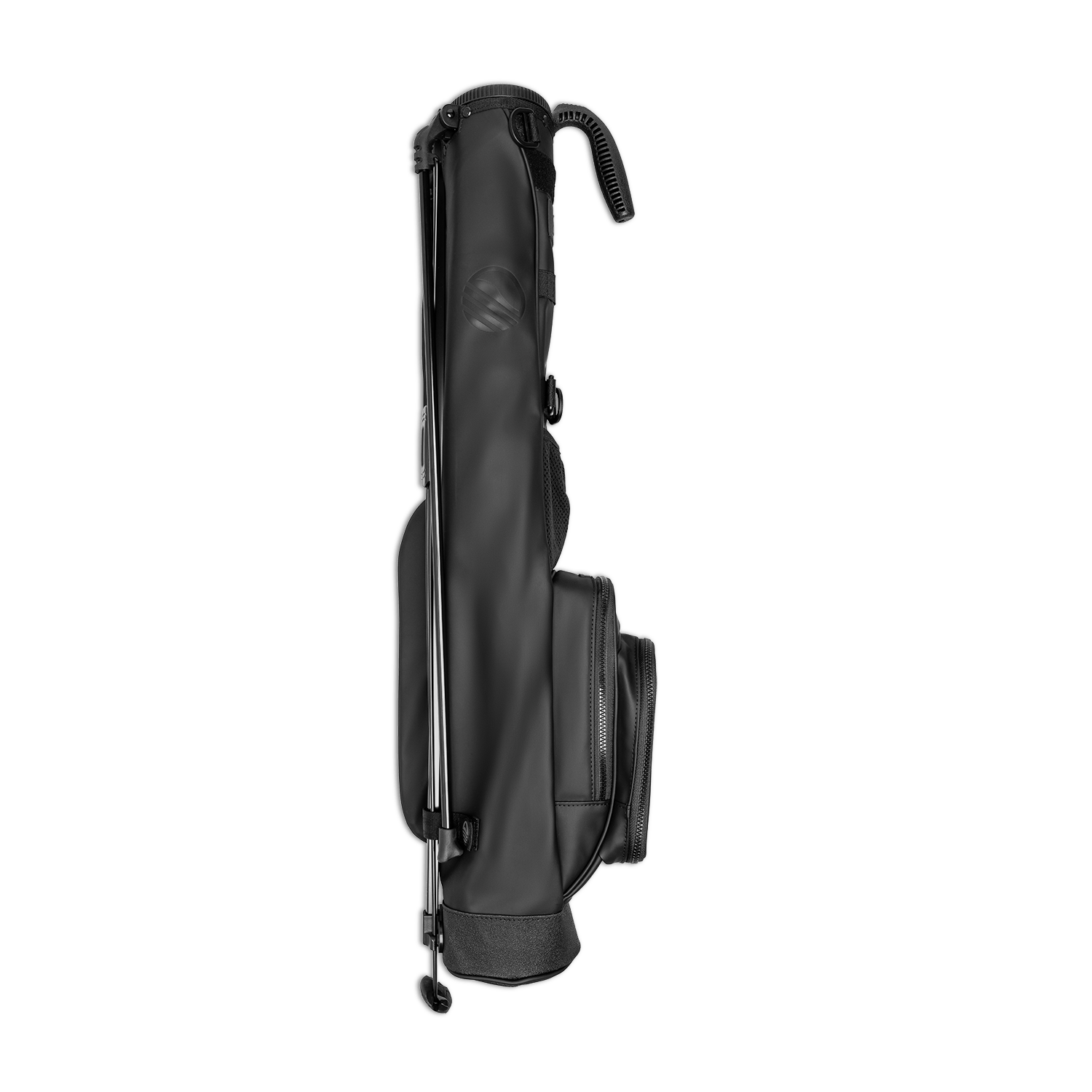 Side view of the hip panel on Loma S-Class golf bag in black vegan leather