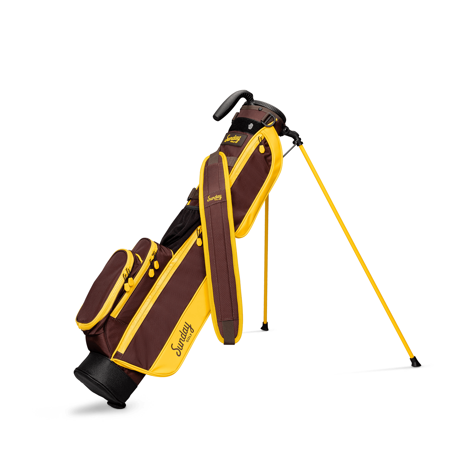 A full front shot of standing Loma golf bag in friars brown with single strap