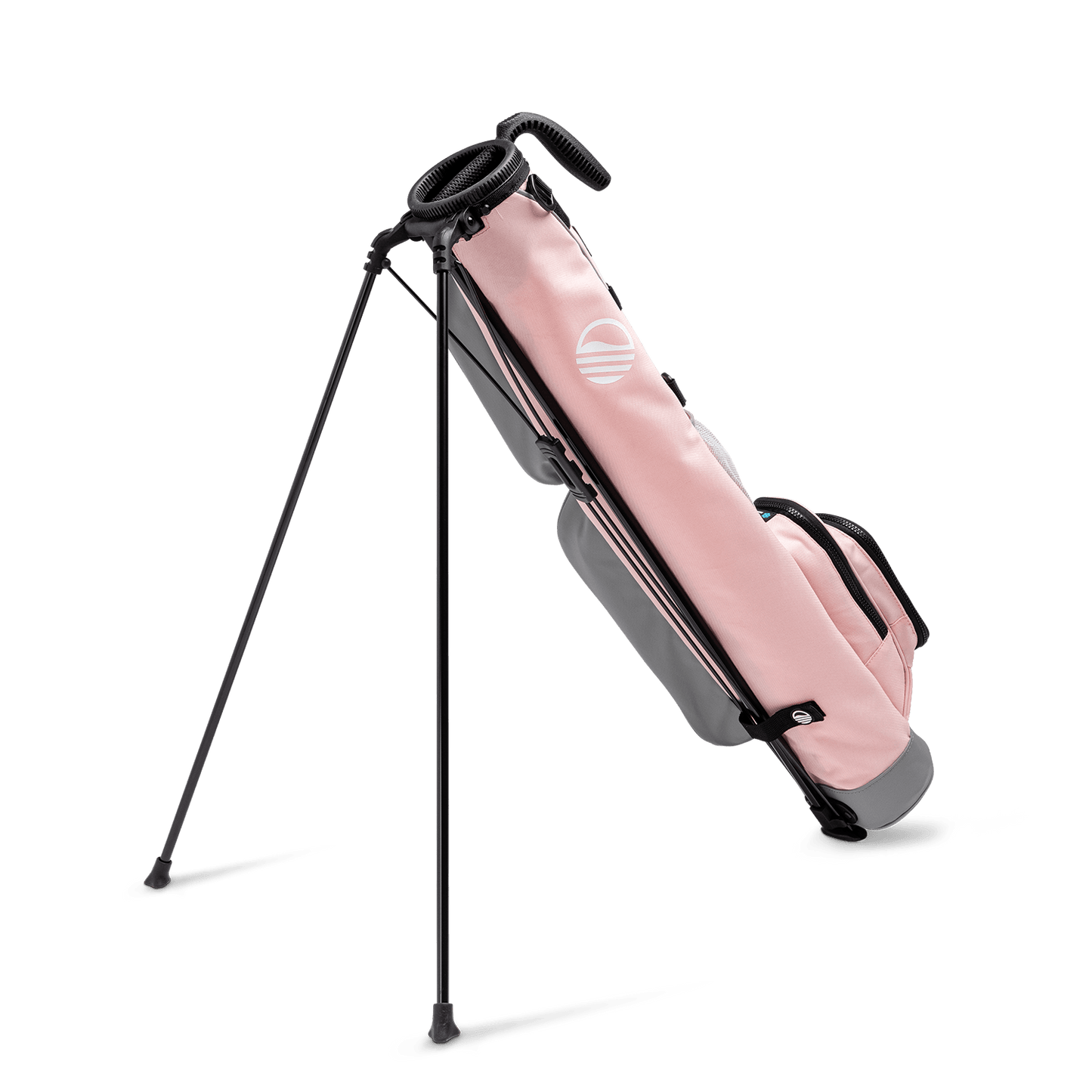 A full shot of standing Loma golf bag in flamingo pink facing backward