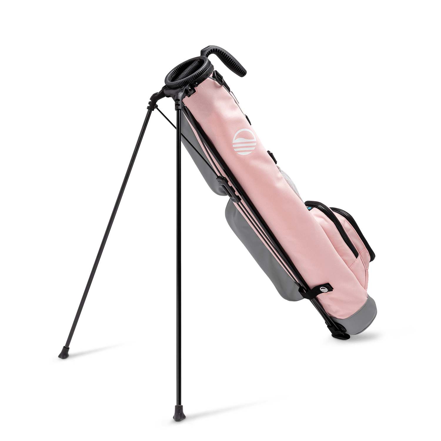 A full shot of standing Loma golf bag in flamingo pink facing backward