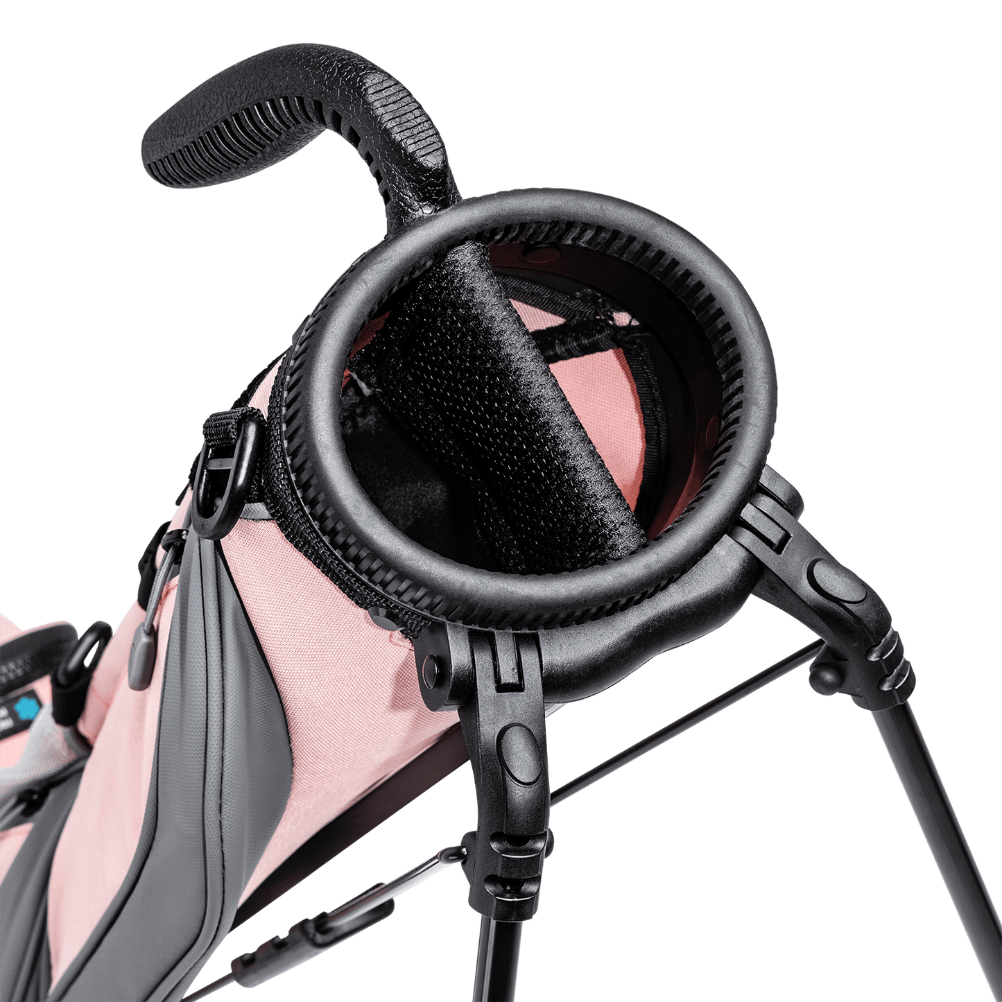 A close up top view of a flamingo pink Loma golf bag’s 2-way divider