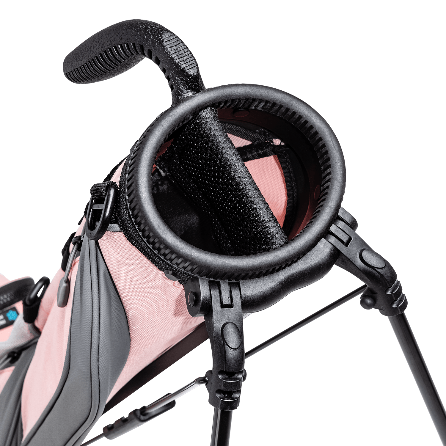 A close up top view of a flamingo pink Loma golf bag’s 2-way divider