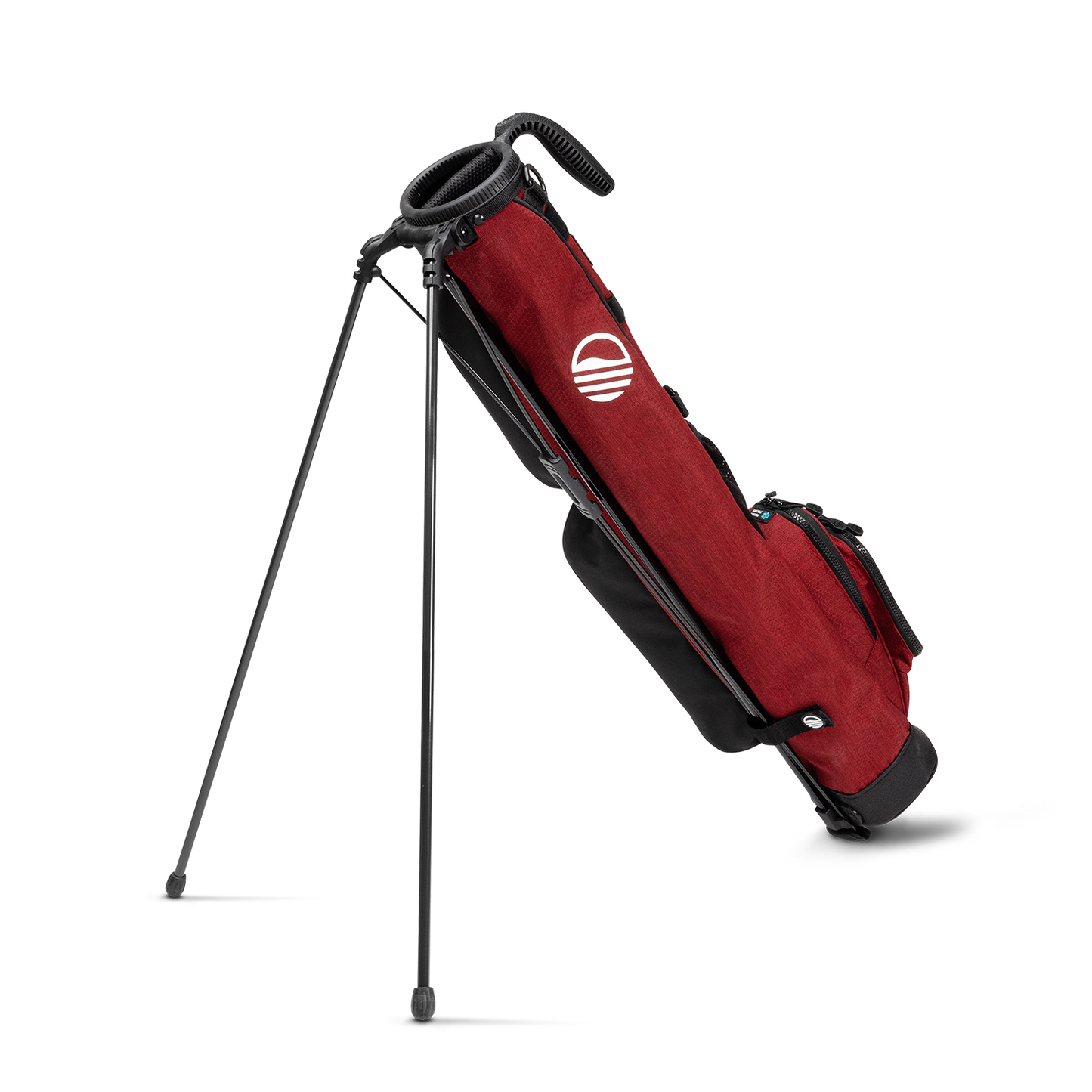 A full shot of standing Loma golf bag in ron burgundy facing backward