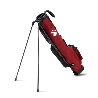A full shot of standing Loma golf bag in ron burgundy facing backward