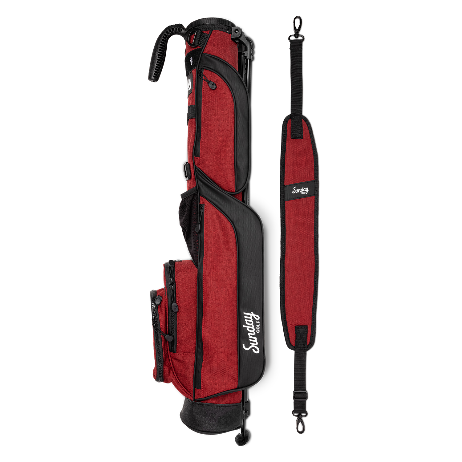 A full shot of Loma golf bag in ron burgundy laying flat sideways beside its single strap