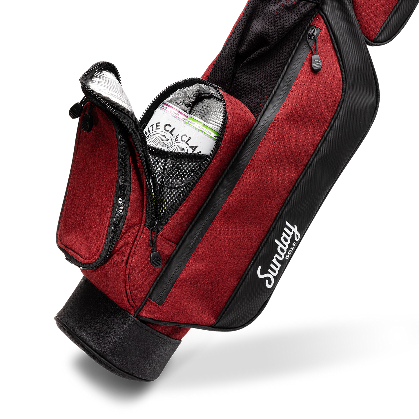 A close up shot of ron burgundy Loma golf bag's insulated pocket with canned drinks inside